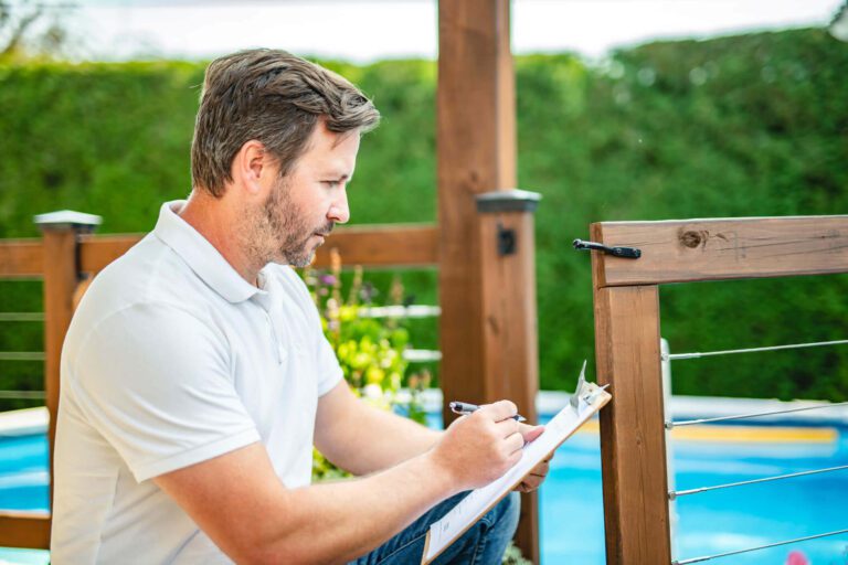 A man performing a swimming pool inspection.