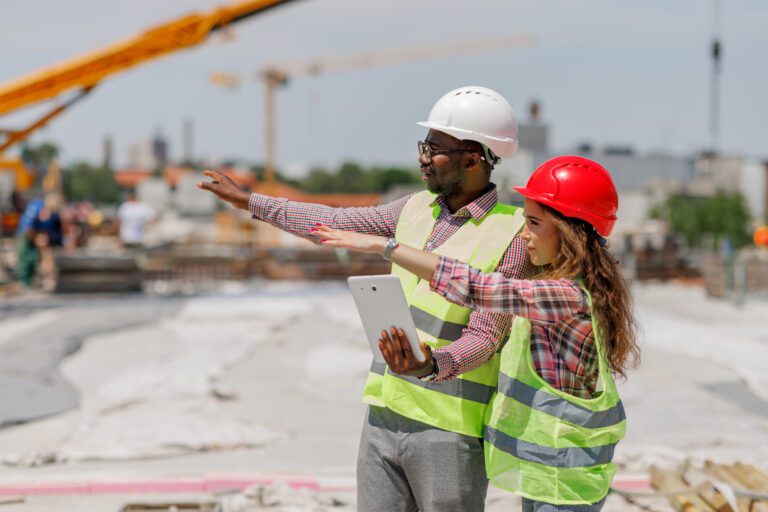 A male and female contractor performing a construction permit audit.