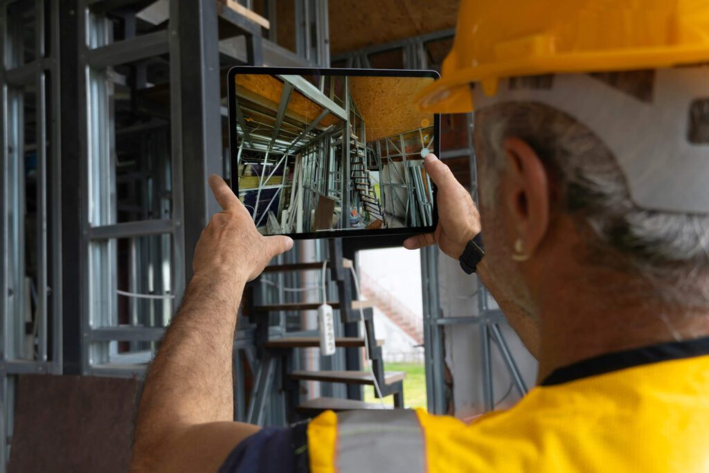 An inspector performing a commercial real estate inspections using a digital tablet