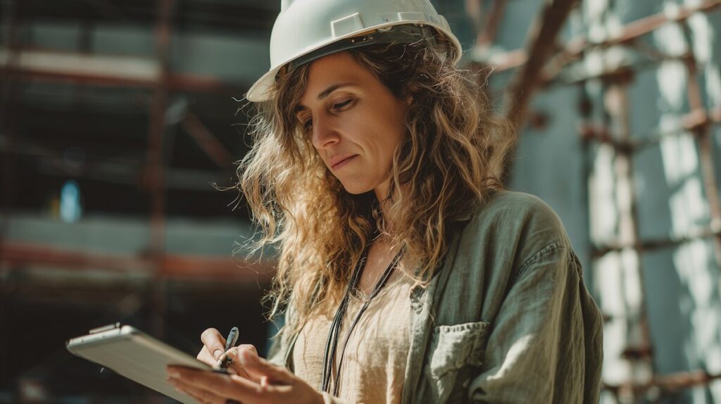 A general contractor reviewing her checklist for a virtual inspection