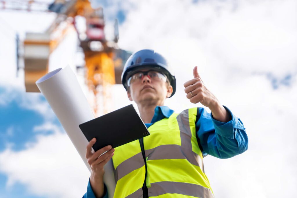 Commercial construction manager conducting an on-site construction quality control inspection.