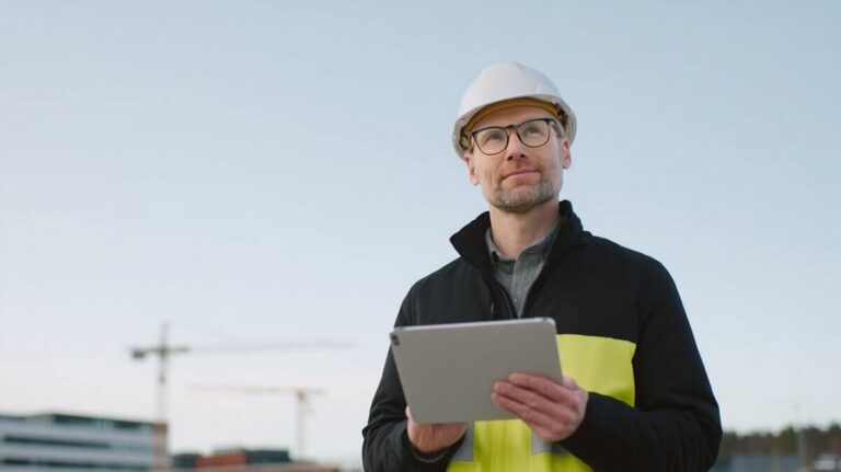 A commercial contractor uses a tablet at a jobsite with cranes for a construction site inspection.