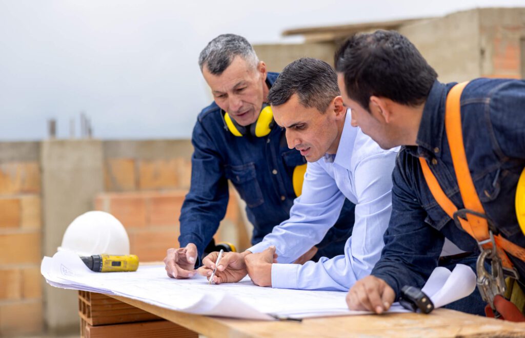 Three construction professionals review project blueprints on a commercial jobsite to support construction quality control.