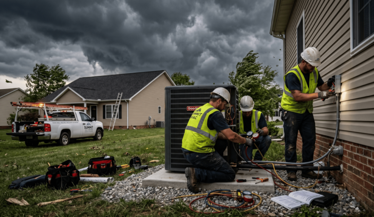 HVAC contractors inspecting and securing an outdoor condensing unit ahead of storm season