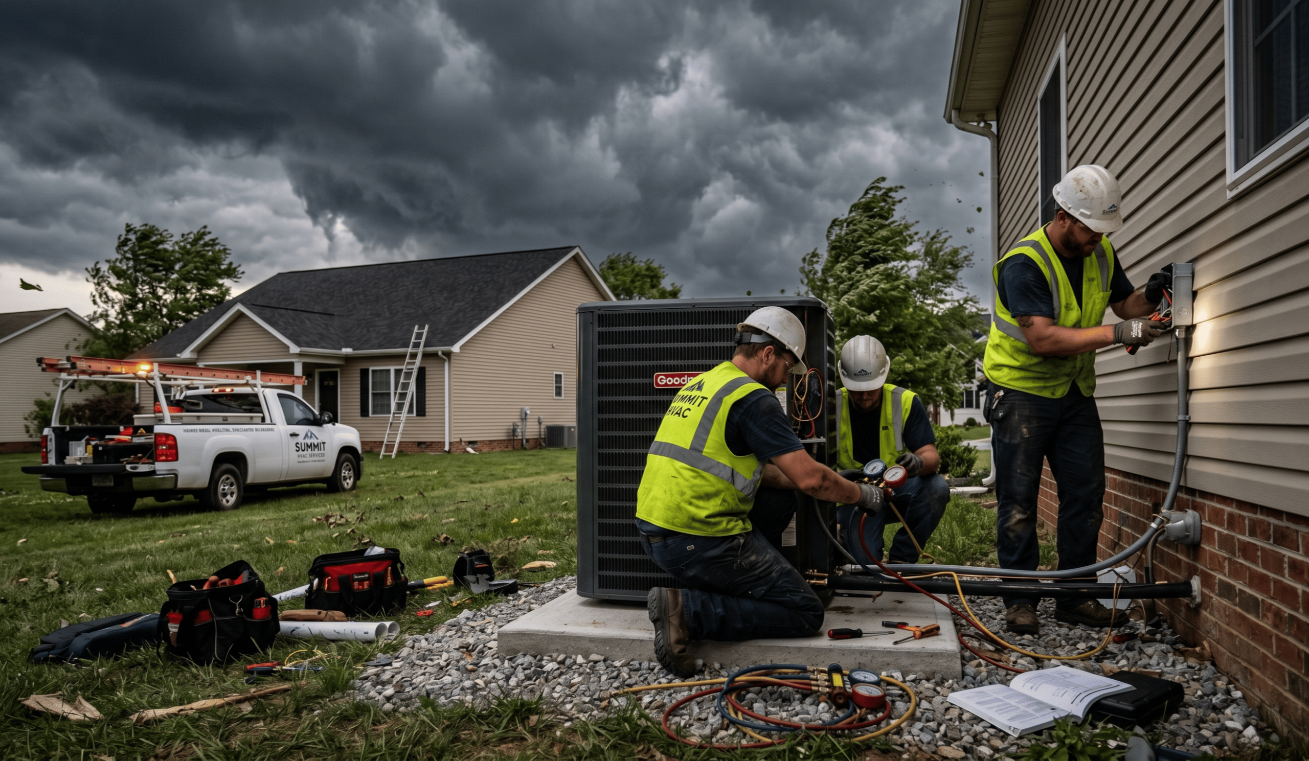 HVAC contractors inspecting and securing an outdoor condensing unit ahead of storm season