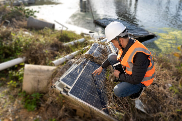 Solar panel inspector assessing storm damage after a hurricane