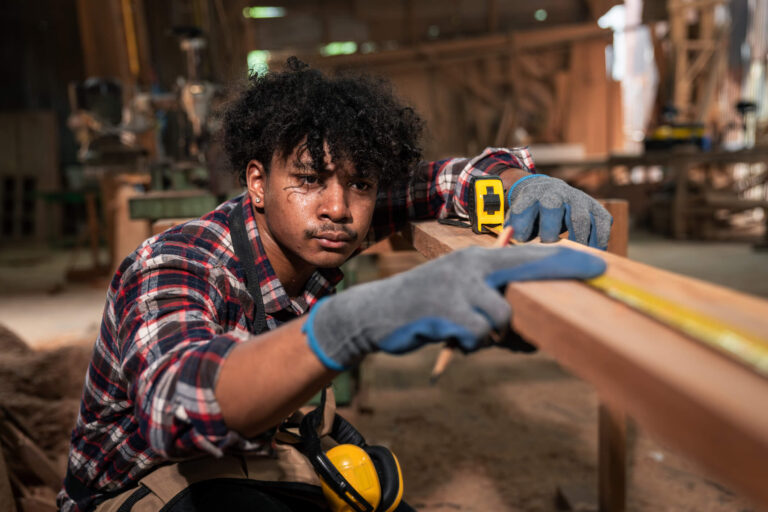 Young Toolbelt generation tradesman measuring wood